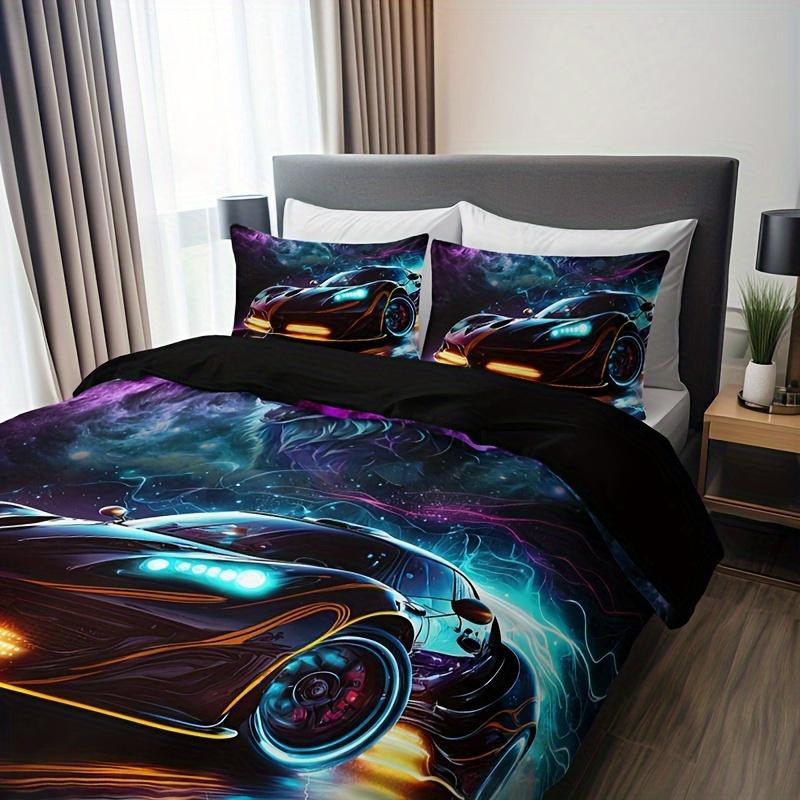 3pcs 3D Wolf Super Car Duvet Cover Set With 2 Pillowcases (No Inserts), High-Definition Print Bedding For Home & Dorm Decor
