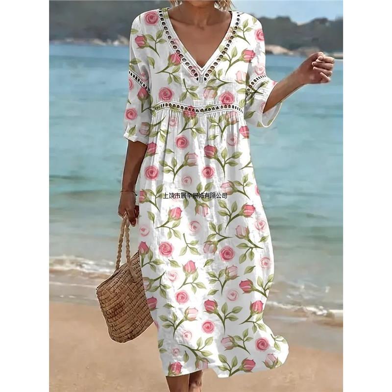 2026 European and American spring and summer new V-neck digital printing dress women s 2026 early spring new S