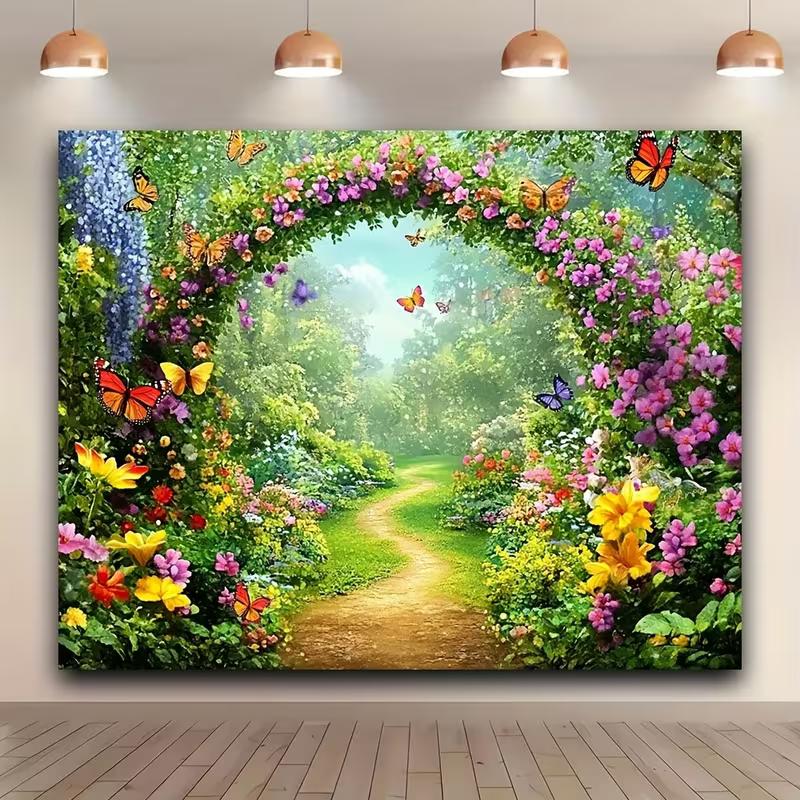 2D Blumenbogen Kulisse, Verzauberter Garten mit Schmetterlingen Fotografie Hintergrund für Alle Anlässe