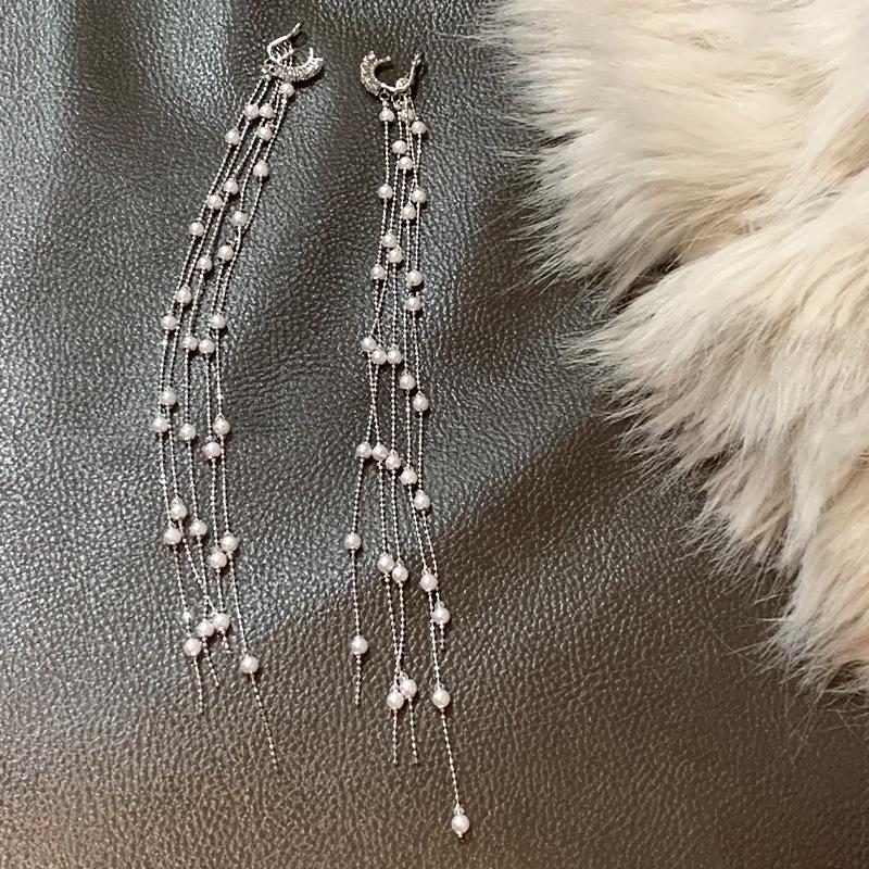 Pearl super long fringed earclip fashion exaggerated design sense earrings personality light luxury earrings niche high sense