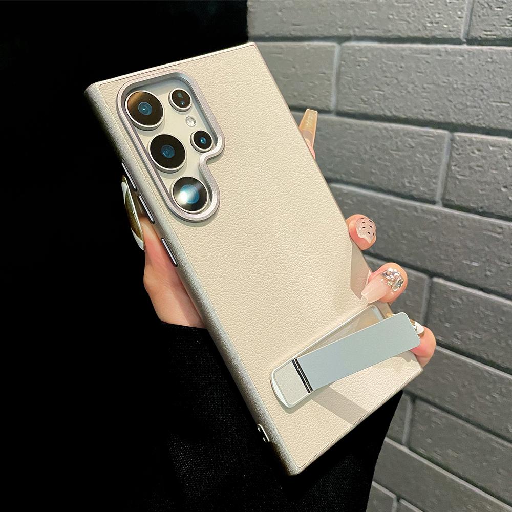 Natural Titanium Metal Holder Leather Phone Case for Samsung Galaxy S24 S23 S22 Ultra Plus Metal Button Shockproof Hard Cover