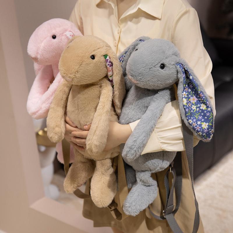 Kawaii 45cm Cartoon Long-eared Rabbit Backpack Super Soft Pink Gray Brown Bag Bunny Funny Graduation Halloween Gift for Students