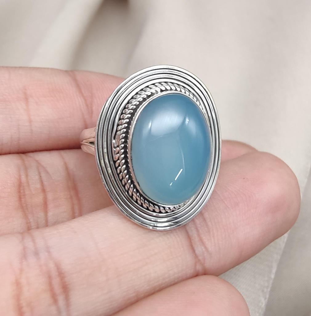 Blue Chalcedony 925 Sterling Silver Ring: Handmade Boho Gemstone Jewelry