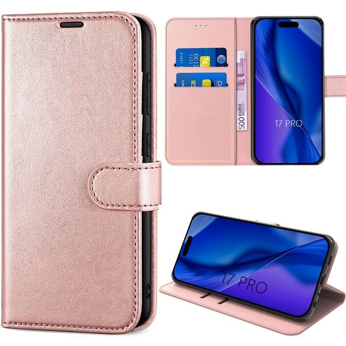 Coque pour iPhone 17 Pro - BOOLING - Protection Synthécuir avec Porte-Carte Rose