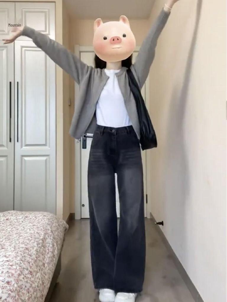 Retro Distressed High Waist Wide-Leg Jeans for Women - Spring/Summer, Loose Fit, Floor-Length, Black/Grey, Straight-Leg Trousers