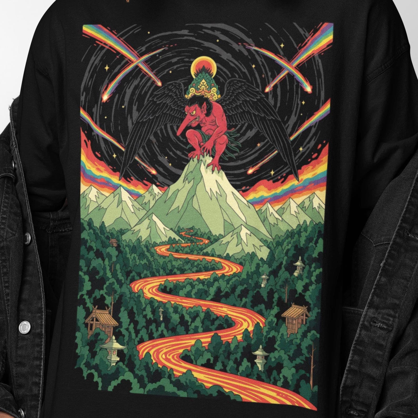 Karasu Tengu Yokai Landscape Shirt | Japanese Tengu Art Tee | Psychedelic Mythical Mountain Spirit Graphic T Shirt | Surreal Folklore Tee 3XL
