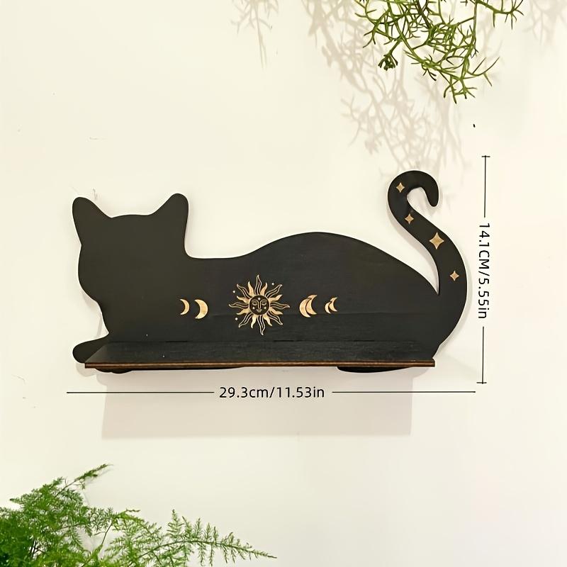 Estante de madera con forma de gato negro, estante flotante con fases lunares, soporte para cristales de chakras, soporte de exhibición de piedra, decoración de pared, decoraciones para el hogar de brujas