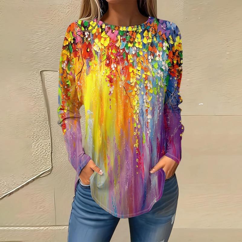 Plus Size Butterfly Print Sports-Shirt Casual Long Sleeve Round Neck Pullover Women's Plus Size Clothing