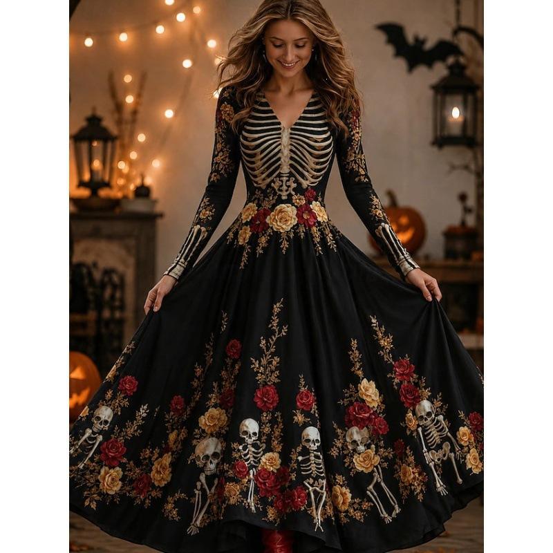 Dlouhé šaty Šaty áčkového střihu Vintage Bohémské Párty Běžné Lebka Dlouhý rukáv Výstřih do V Halloween