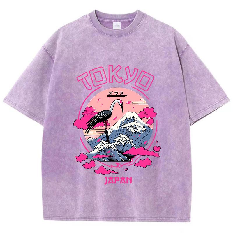 Vintage Womens Acid Wash T-Shirts Tokyo Harajuku Printing Tees Crewneck Cotton  Fashion Female Clothes