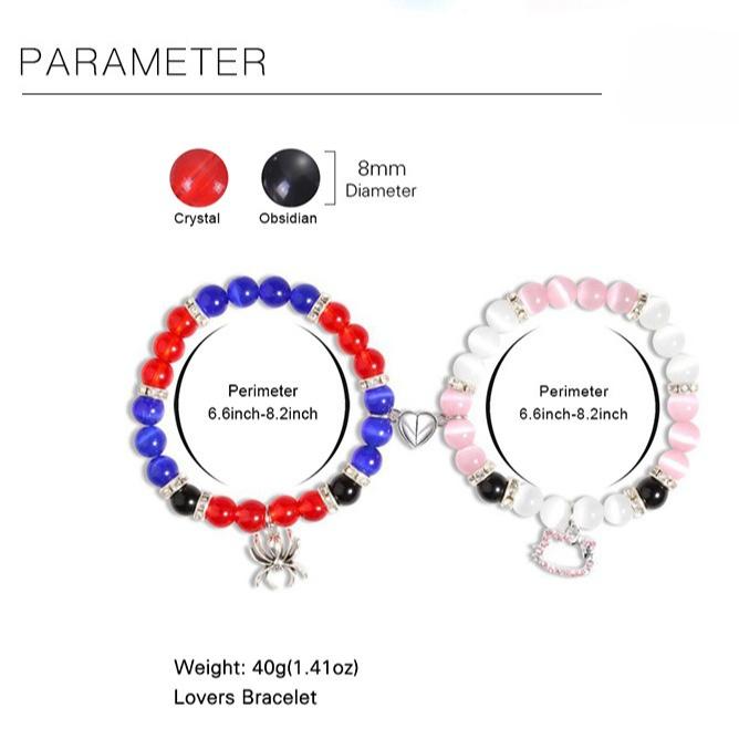 Spider Kitty Cat Pendant Couple Bracelet, Crystal Cat Eye Stone Magnet Attraction Bracelet, Christmas Gift, Stocking Stuffers, Valentine's Day Gift