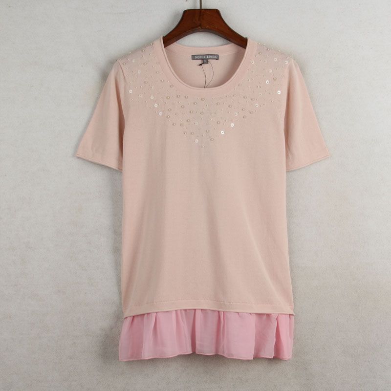 House Summer New Arrival Export European and American Women's Clothing Heavy Industry Beads Cotton + Silk Round Neck Short Sleeve Knitwear Thin Top
