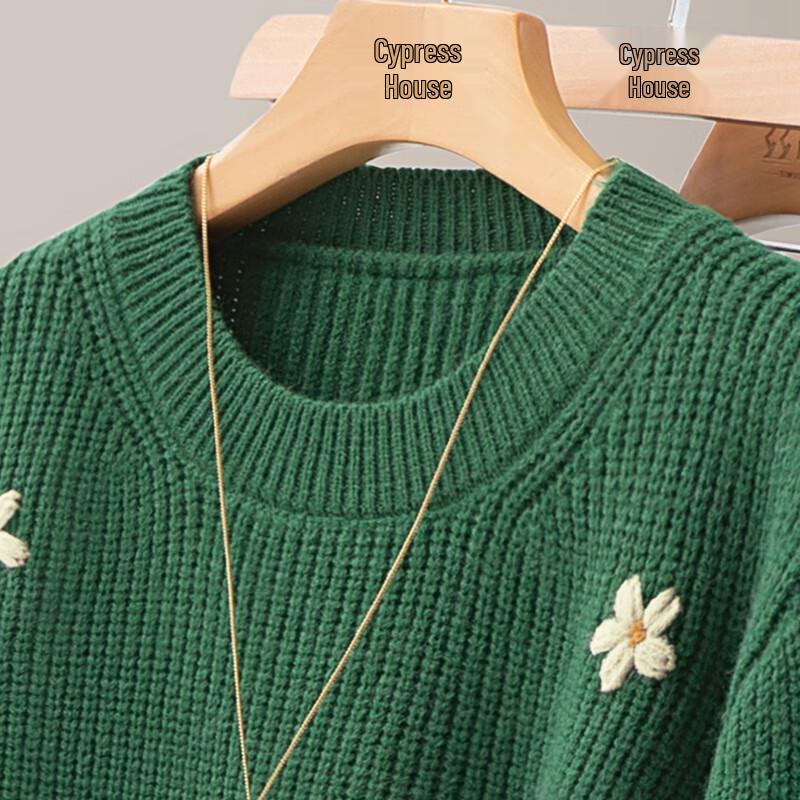 Women's Embroidered Botanical Relaxed Fit Round Neck Sweater