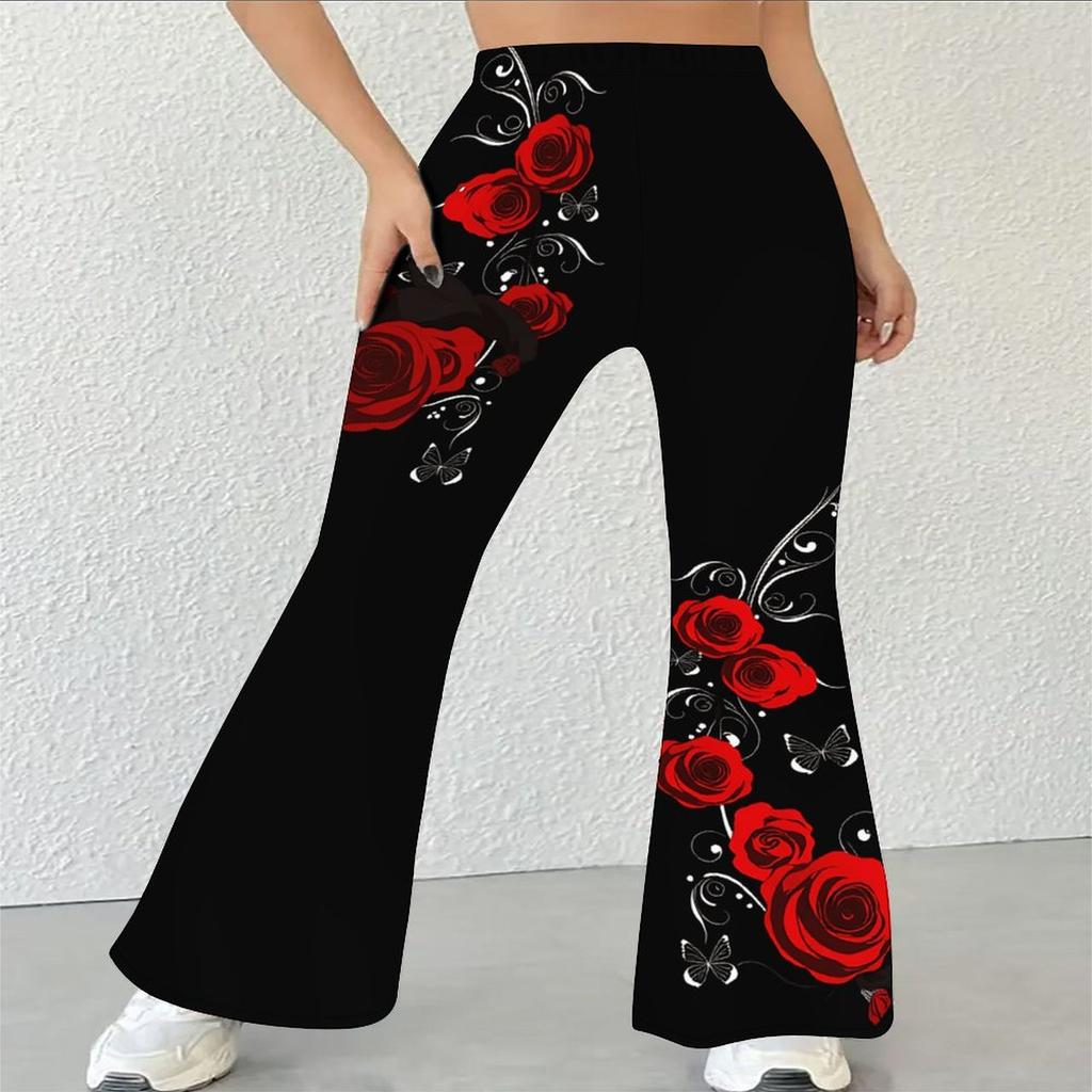 Pantaloni a zampa casual a vita alta da donna, Pantaloni a campana Streetwear con stampa floreale