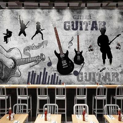 Papier peint mural 3D rétro peint à la main sur le thème de la musique, guitare, graffiti, ciment, restaurant, KTV, bar