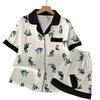 Cartoon Cat Print Ice Silk Pajamas Women'S Summer Short-Sleeved Cardigan Set Loungewear