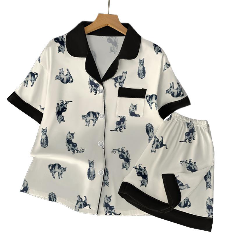 Cartoon Cat Print Ice Silk Pajamas Women'S Summer Short-Sleeved Cardigan Set Loungewear