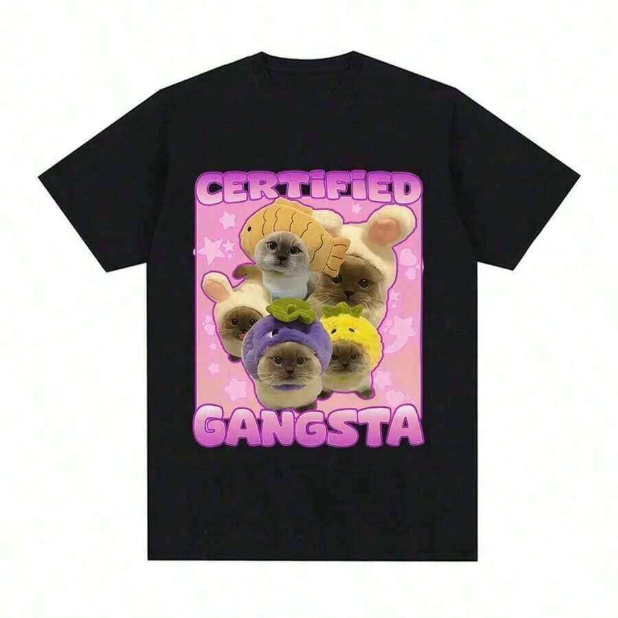 Certified Gangsta Funny Cat Meme TShirts Unisex Women Cute Style Short Sleeve T Shirts Casual Oversized ONeck Tops T Shirt L