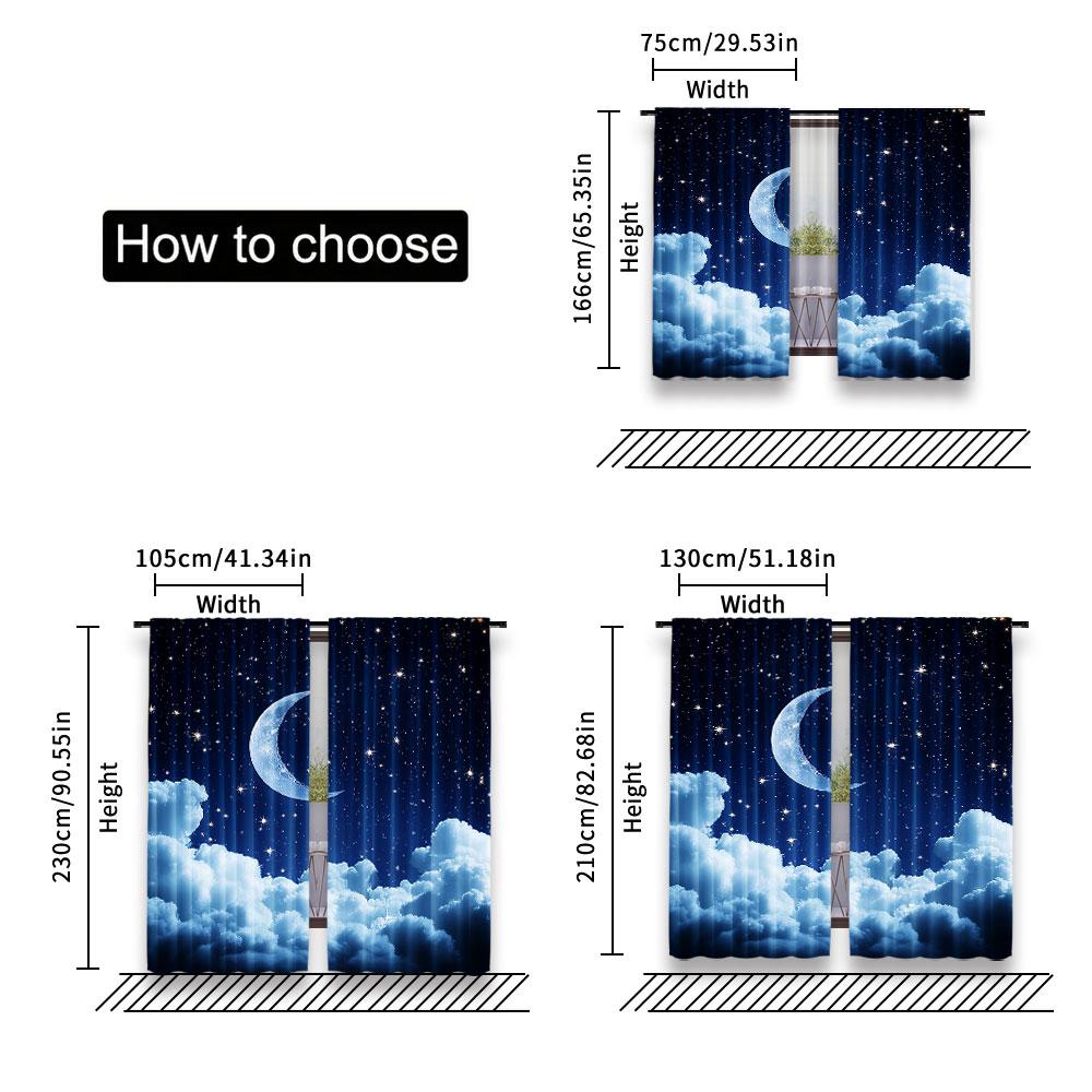 Moon Curtains Blue Starry Sky Crescent Cumulus Curtain Suitable Living Room Bedroom Hotel Dormitory Set Of 2 Made Polyester Sitting Decor
