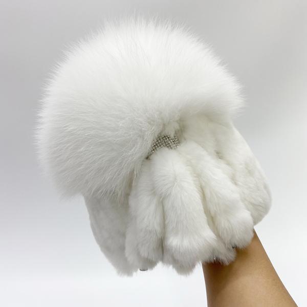 

Fluffy Fox Fur Hats Diamond Tails Natural Rex Rabbit Fur Hat for Women Genuine Fur Knitted Outdoor Warm Beanies Female Skullies One Size білий