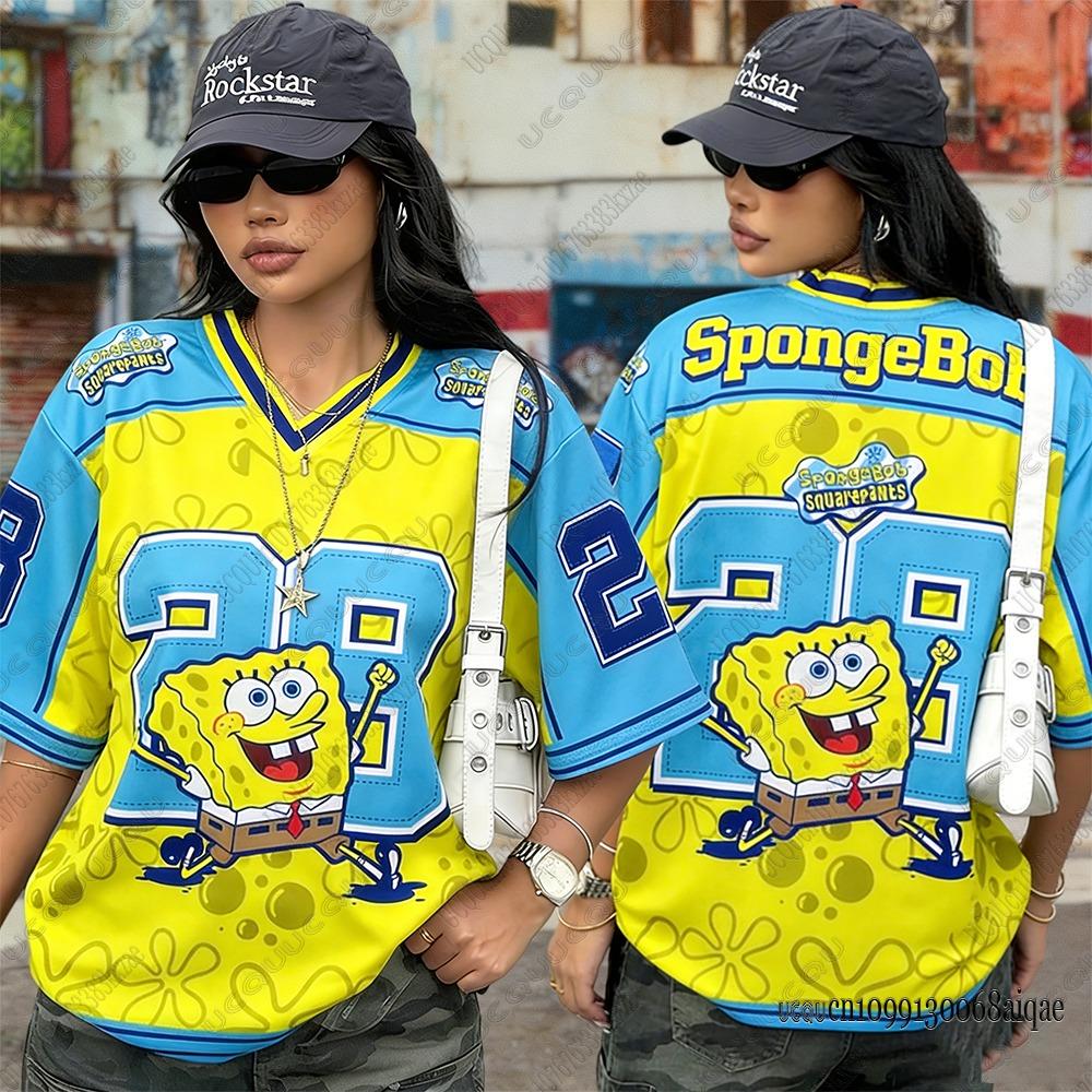 

Cartoon SpongeBob Print T-shirts For Women Summer V-Neck Patchwork Short Sleeve Sports Football Jersey Y2K Loose Oversized Tops S