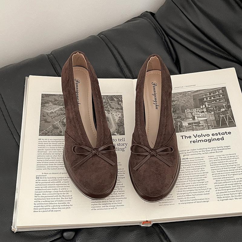 Retro Temperament, Socialite Style, Lady Pedal High Heels, Autumn Suede Bow Thick Heel Mary Jane Single Shoes
