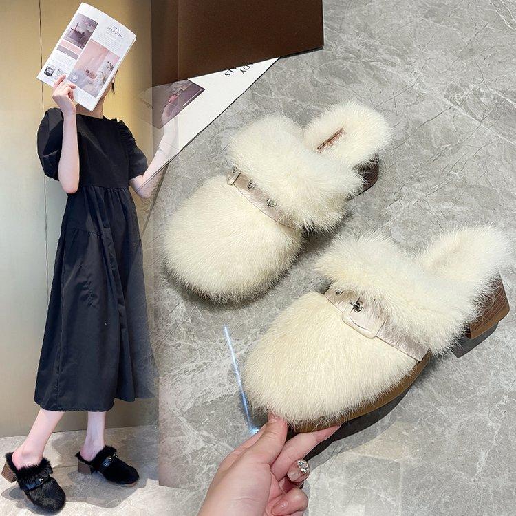 Large size thick high-heeled fluffy slippers women's autumn and winter new plush thickened fluffy slippers