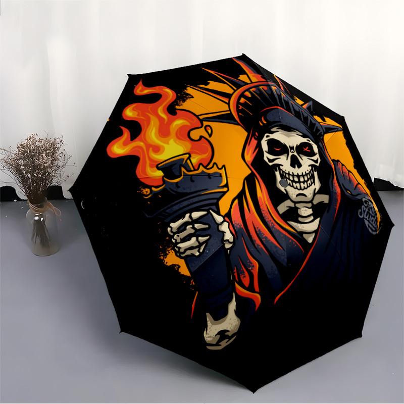 1pc Liberty, Death SkullAutomatic Folding Umbrella, Portable Collapsible Design, Casual Outdoor Accessory, for All Seasons017
