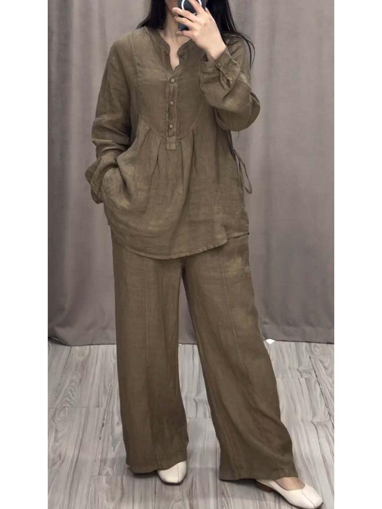 Autumn Fashionable Cotton Linen Long Sleeve Casual Drawstring Pants Set
