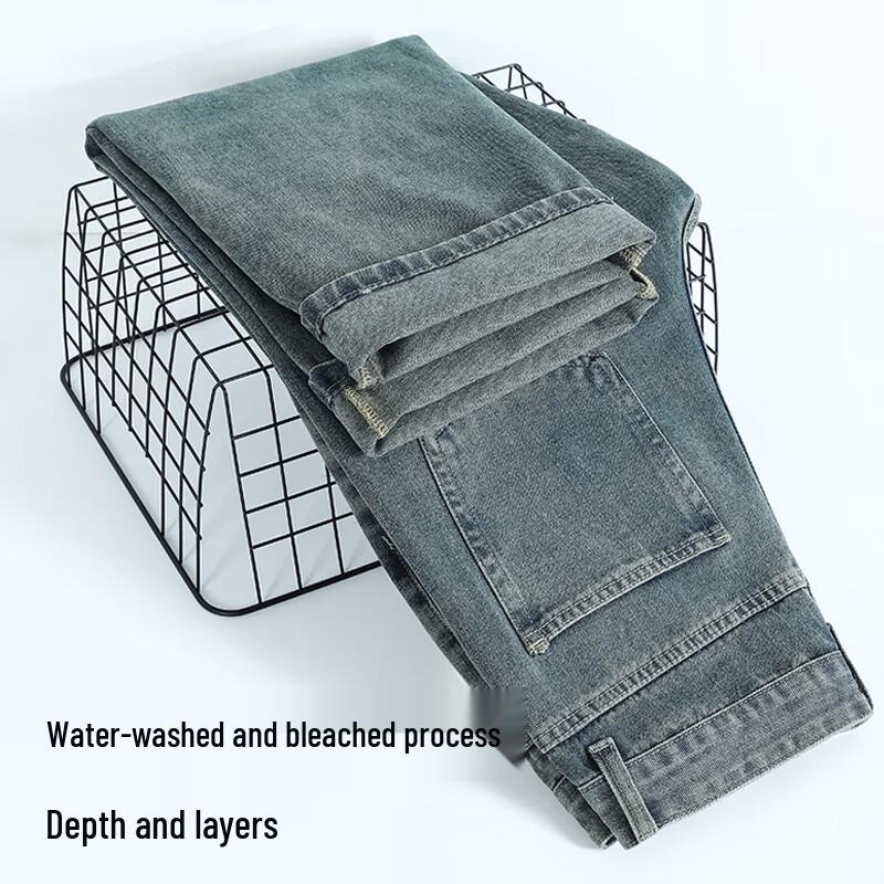 JEEP SPIRIT Men's Retro Blue Loose Straight-Leg Jeans