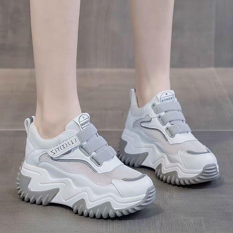 thick-soled women's sports and leisure shoes mesh shoes breathable mesh surface summer thin inner height increase women's shoes 7cm Velcro small size
