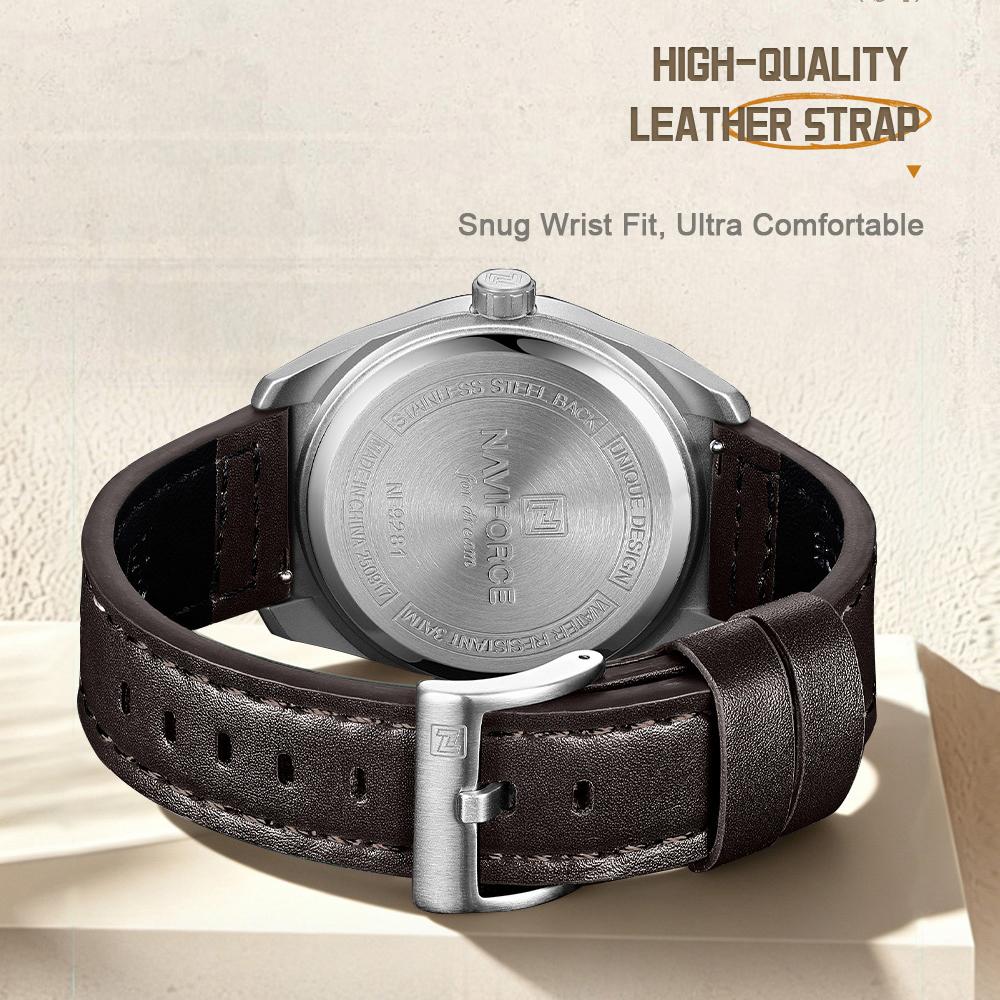 NAVIFORCE Original Men Fashion Quartz Watch Leather Strap 30m Waterproof Calendar Compass Design Men Leisure Business Watch NF9281L