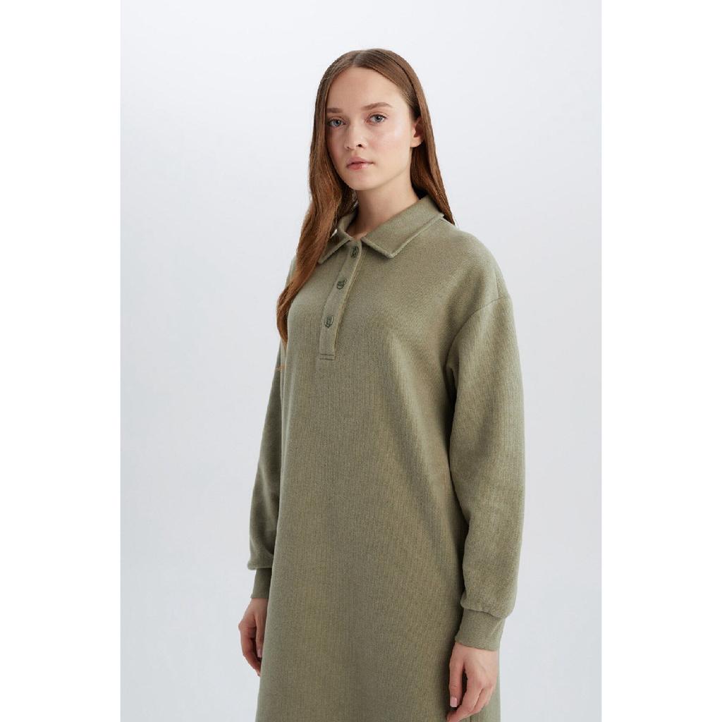 Buttoned Polo Neck Basic Plain Long Sleeve Selanik Fabric Maxi Knitwear Dress B7260ax24wn
