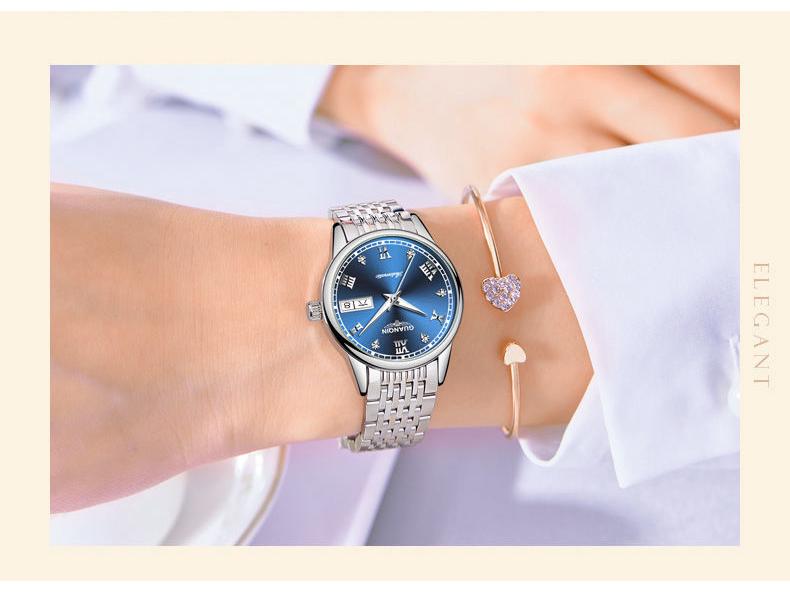 Montre Minimaliste pour Femme avec Strass Suisses, Étanche, Double Calendrier, Cadran Lumineux et Bracelet en Acier.