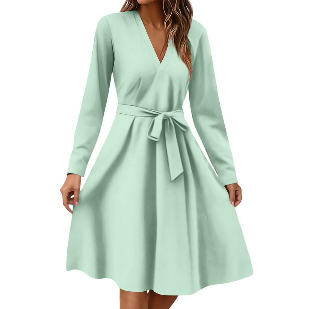 Women's Fashion Casual V-Neck Long Sleeve Waist Floral Print Midi Dress