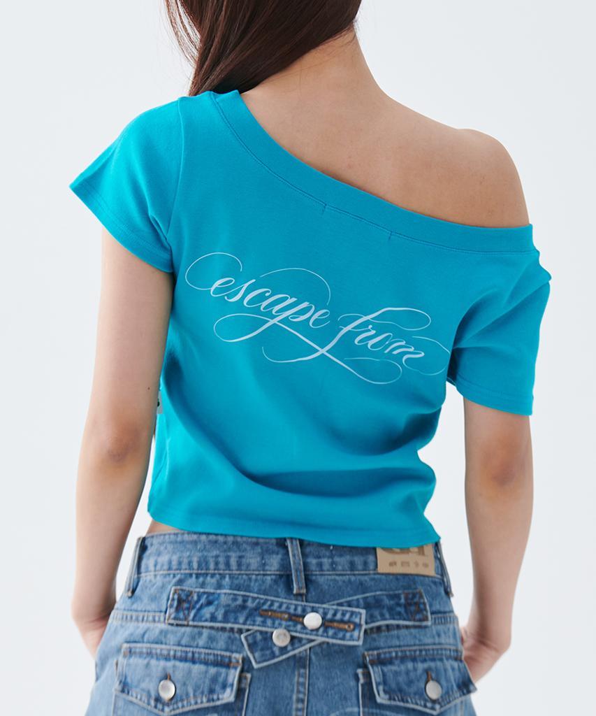 ESCAPEFROM [Escf X Hot Today] Halftone Lily Boat Neck Slim Fit Short Sleeve T-Shirt Teal Blue