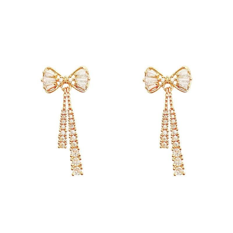 New Gold Color Shiny Bowknot Tassel Stud Earrings for Women Exquisite Rhinestone Bow Dangle Earrings Girls Jewelry Friends Gift
