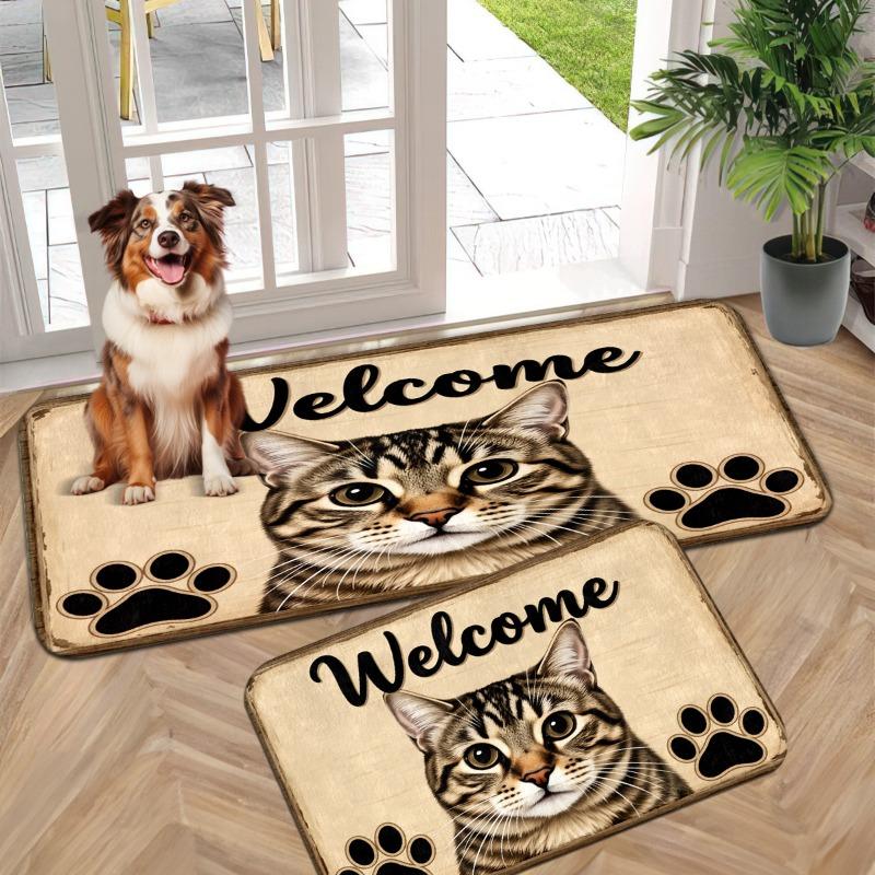 Flannel Cat Welcome Floor Mat, Non-slip Absorbent Floor Mat At The Entrance, Dirt-resistant Carpet At The Entrance of The Home
