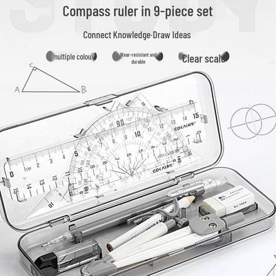 9-Piece Geometry Set for School: Compass, Protractor, Ruler, Square, and More