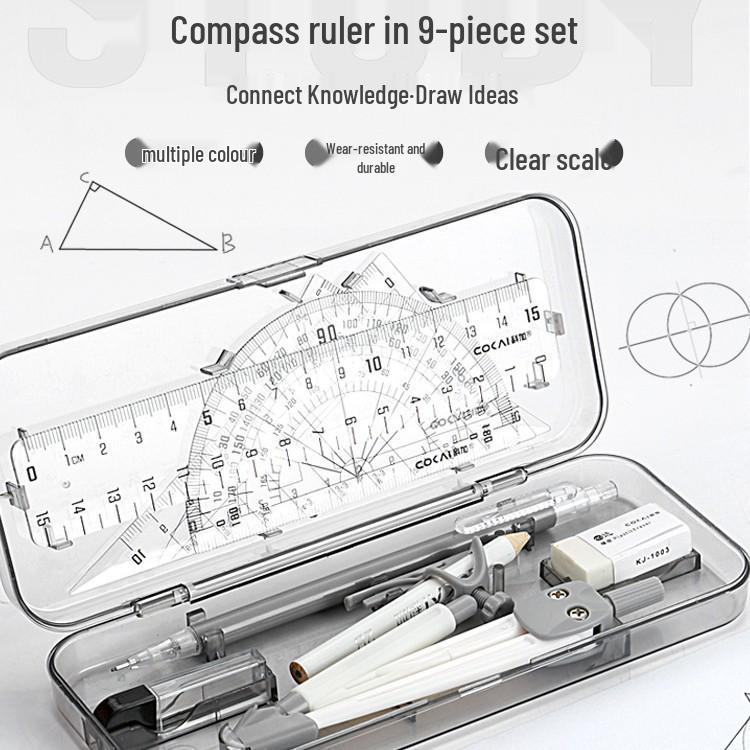 9-Piece Geometry Set for School: Compass, Protractor, Ruler, Square, and More