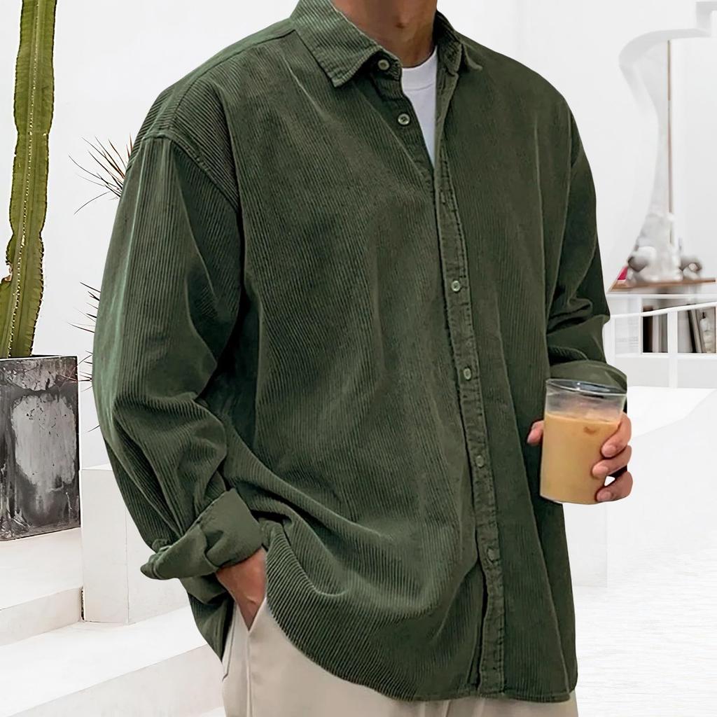 Men's Casual -color Corduroy Button Shirt, Men's Long-sleeved Trendy Loose Square-neck Thick Shirt