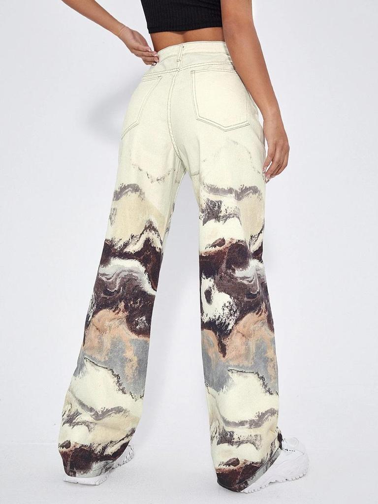Pantalon en denim droit patchwork taille haute pour femme, effet dégradé – Collection Automne 2025