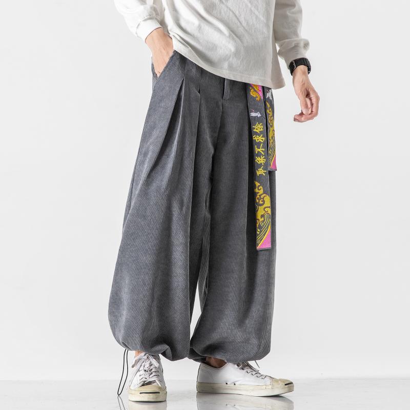 Chinesischen Stil Männer Cord Hosen Herren Stickerei Hip Hop Breite Bein Harem Hosen Männer Winter Streetwear Casual Hanfu Hosen