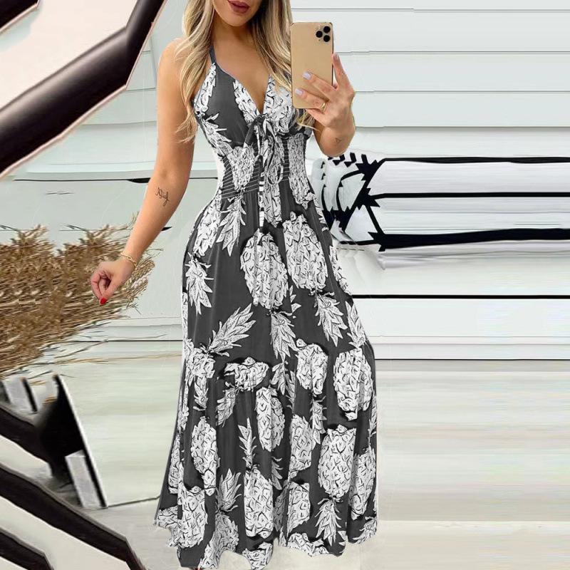 2025 Summer European & American Women's Printed Halter Strap High Waist Deep V Dress