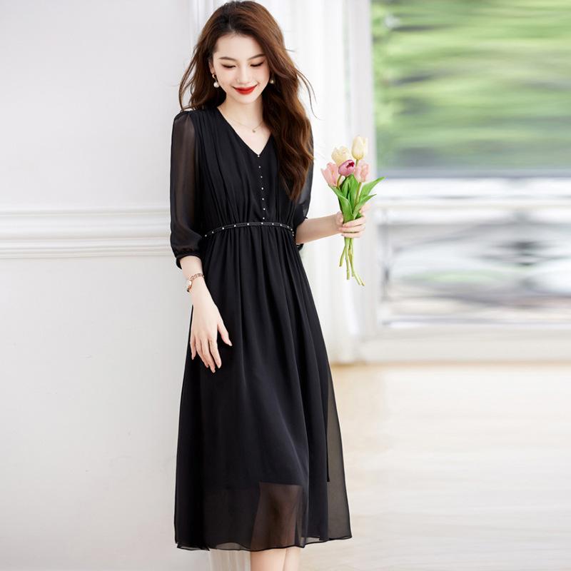 

Шелковое платье женское лето весна и осень новое темпераментное элегантное талия тонкая тутовый шелк 2XL чёрный