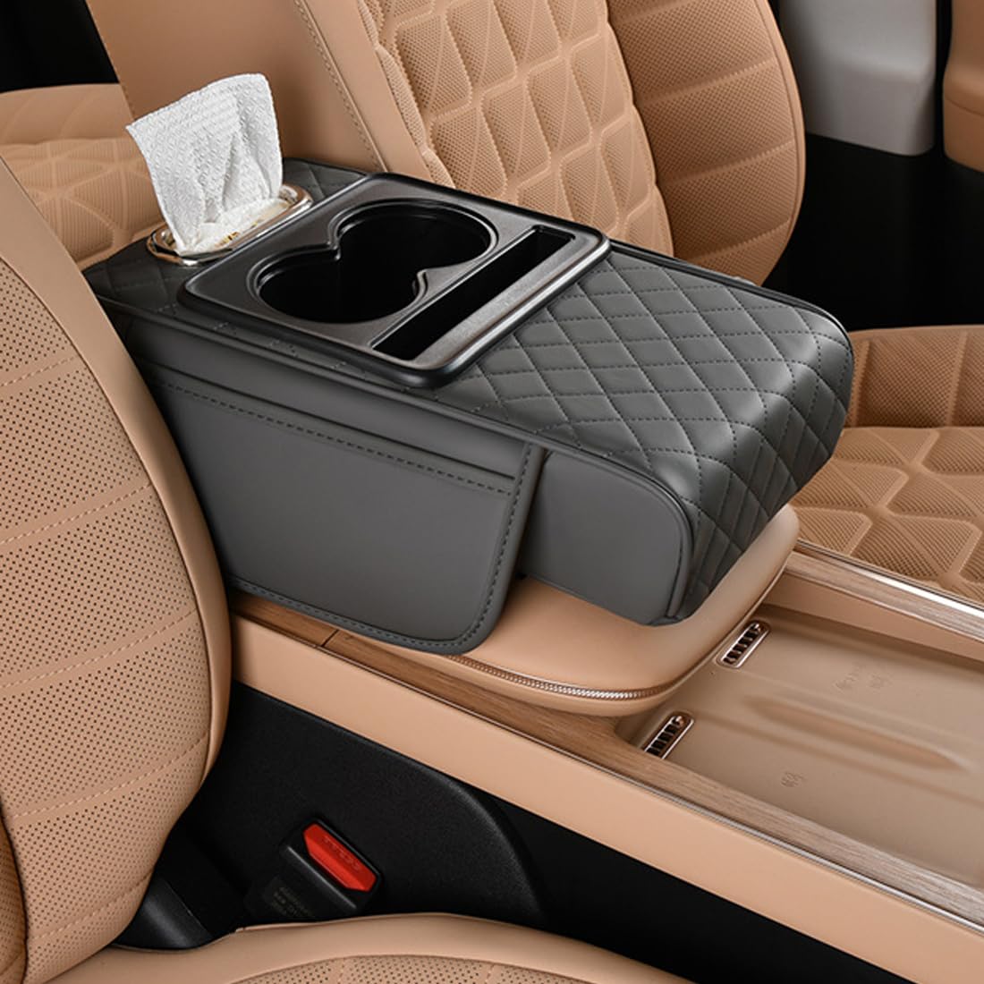 

Car Armrest Cushion 5-in-1 Center Console Cover with 2 Storage Bags Cup Holder Tissue Box Slot Car Accessories Organizers серый