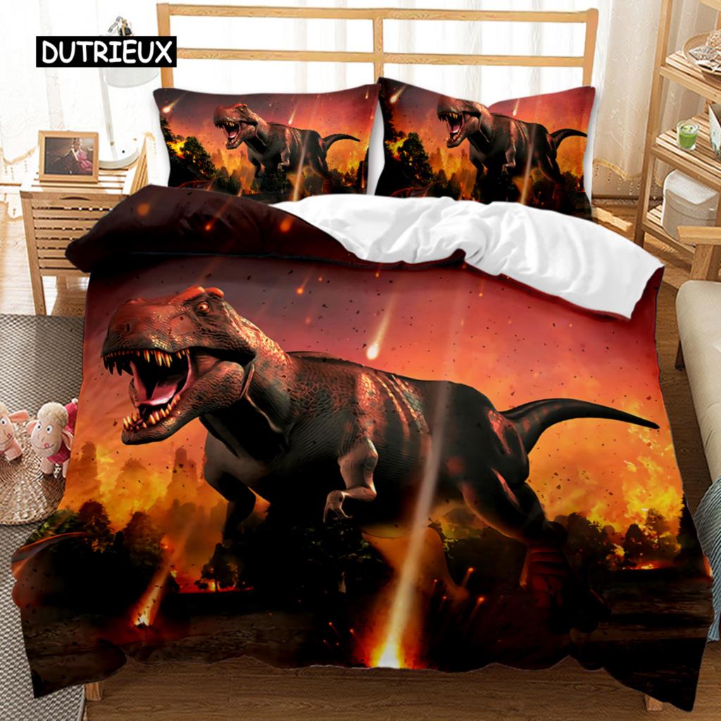 Dinosaur Duvet Cover Set Jurassic World Battle Bedding Set Unique Dinosaur Polyester Bedding for Kids Adults Queen King Size