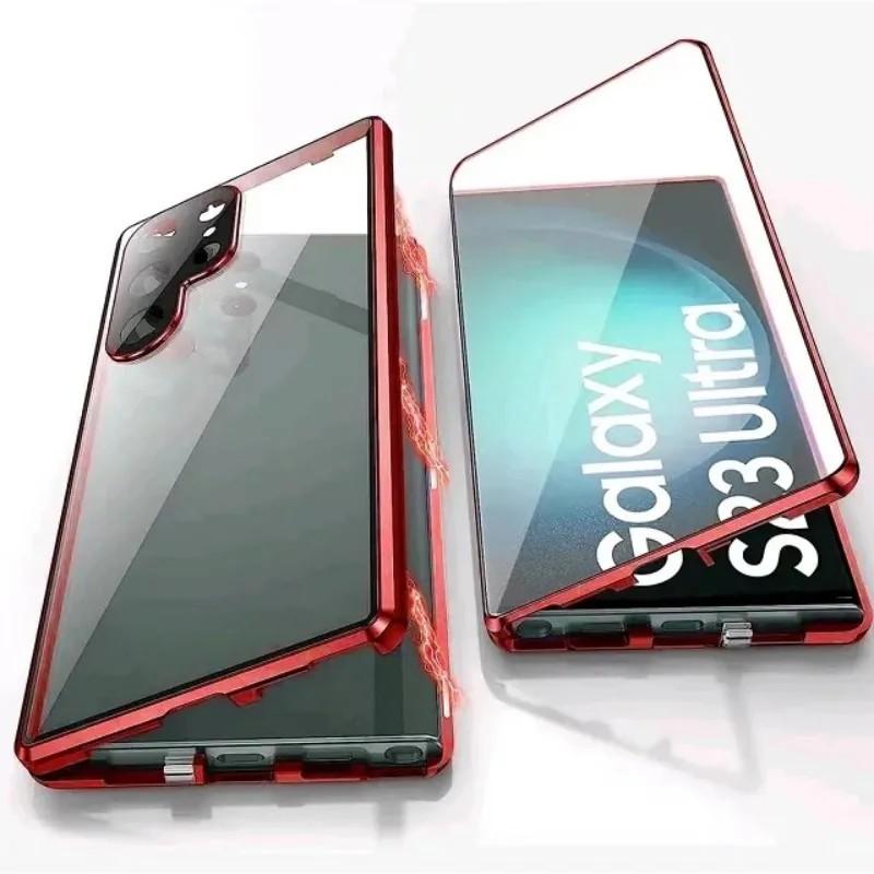 360 kovový rám, oboustranné skleněné, magnetické pouzdro Snap Lock pro Samsung Galaxy S24 S23 FE S22 Ultra S21 Plus Plná ochrana objektivu