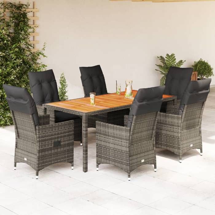 VidaXL Ensemble à manger de jardin et coussins 7 pcs gris rotin, ensemble de salle à manger d'extérieur 3276729