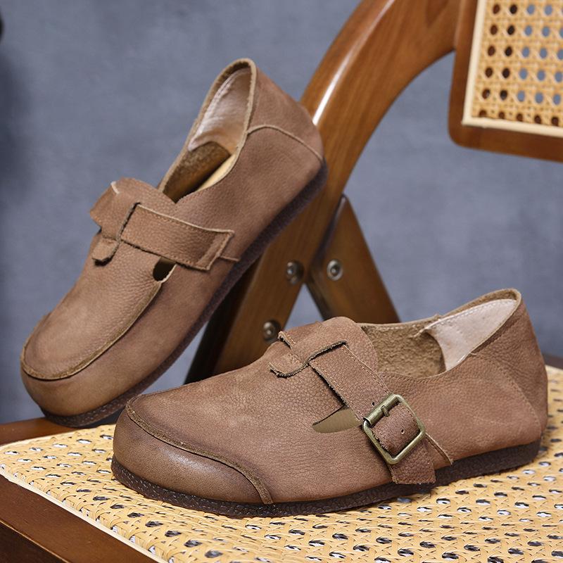 Handmade Genuine Leather Retro Style Women's Round Toe Flat Heel Single-Strap Shoes